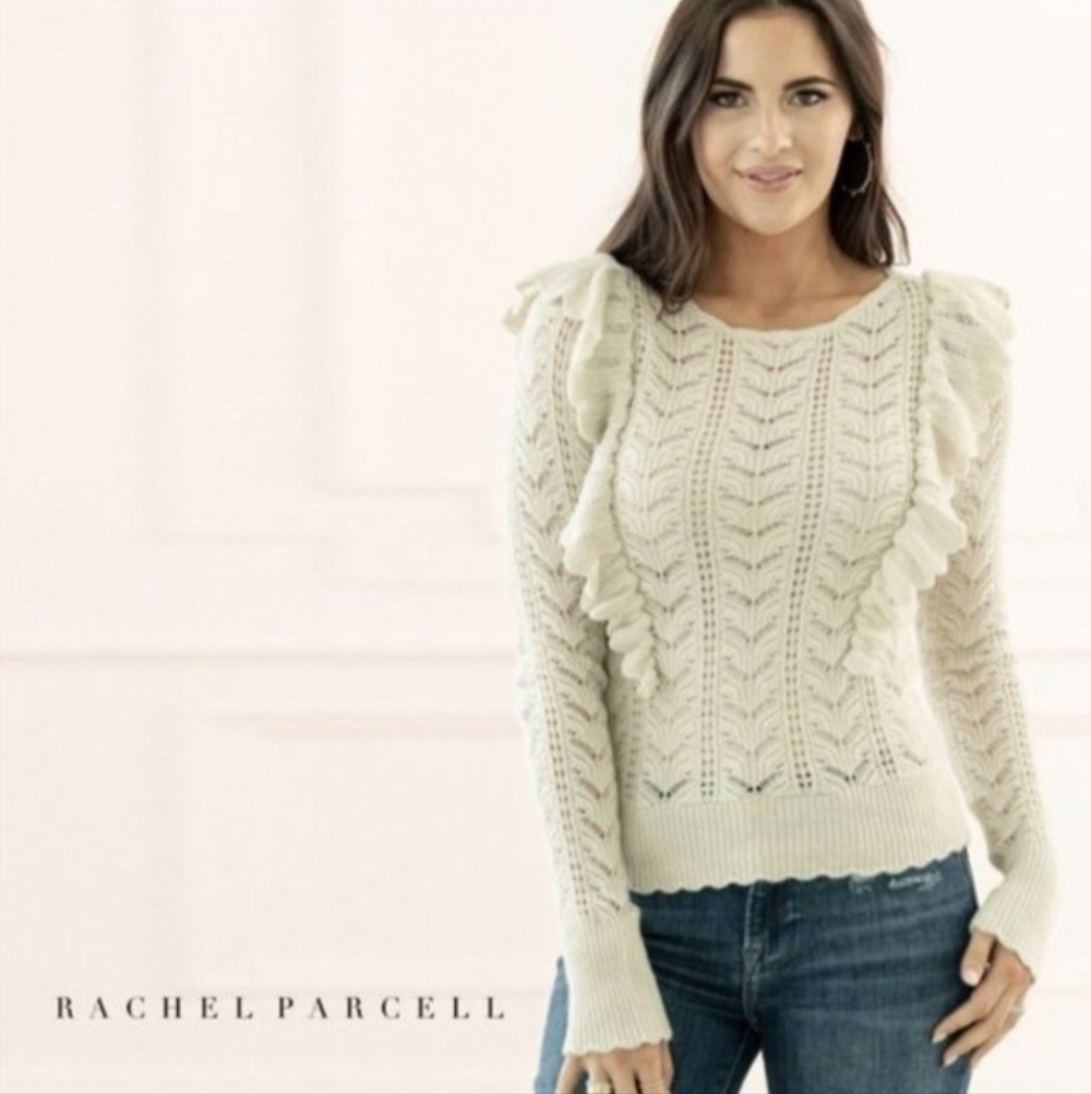 Rachell Parcell Pointelle Wool Blend Ruffled Knit Sweater Cream Large